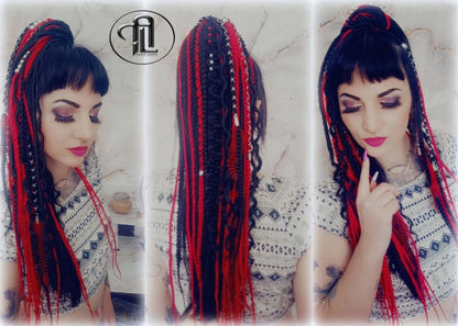Red Rave Ponytail Hair Fall Viking Extensions Black Red Elements Accents Feathers synthetic box braids hair scrunchie Cosplay Anime
