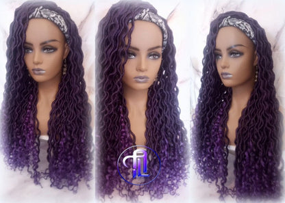 Headband Wig Viking Ombre Goddess Boho Locs  Black Purple Faux Locs Crochet Synthetic Dread Curly Ends Braided Hair Fall
