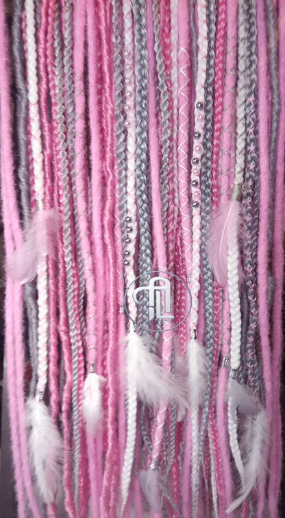 Pink Gray White Straight Single Ended SE Set Kit Soft Crochet Boho Dread Braid Hair Wrap Extensions Festival Hair Partial Single Loop Dread