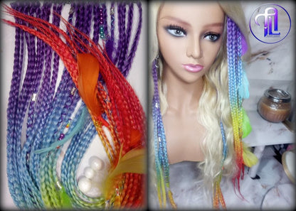 Rainbow Ombre Clip in Braid Long 24 in Boho Feathers Elements Extensions Rainbow Ombre Pink Box braiding Rave Festival LGBTQ Pride