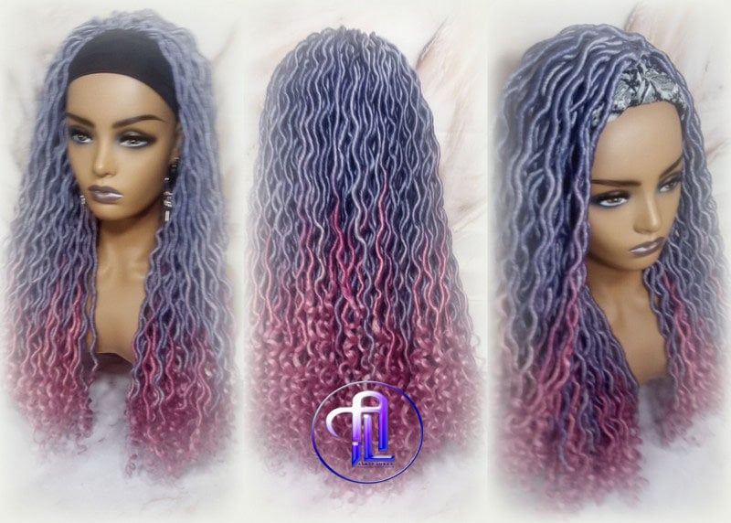 Headband Wig Unicorn Ombre Goddess Boho Locs Purple Pink Faux Locs Crochet Synthetic Dread Curly Ends Braided Hair Fall