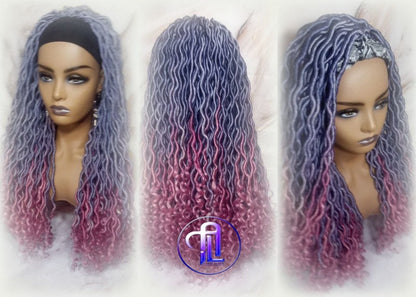 Headband Wig Unicorn Ombre Goddess Boho Locs Purple Pink Faux Locs Crochet Synthetic Dread Curly Ends Braided Hair Fall