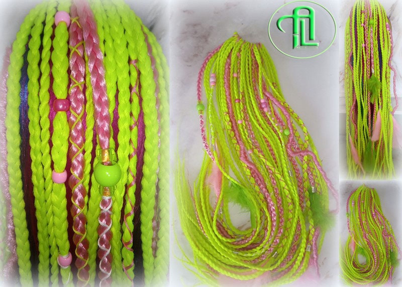 Ponytail Hair Fall Extensions Pink Green Florescent Ombre Elements Accents Feathers synthetic box braid hair scrunchie clip in Clip on Braid