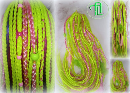Ponytail Hair Fall Extensions Pink Green Florescent Ombre Elements Accents Feathers synthetic box braid hair scrunchie clip in Clip on Braid