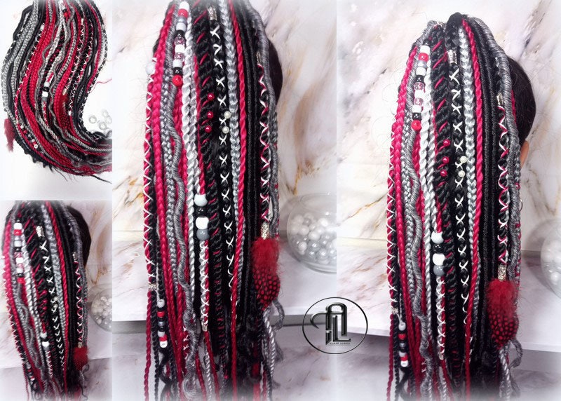 Ponytail Hair Fall Viking Extensions Black Red Elements Accents Feathers synthetic box braids renaissance hair scrunchie kawaii dreadlock