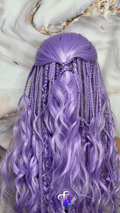 Lavender Purple Dread Braid Wig With Bangs – Long Synthetic Boho Glam Wig - Chain Snake Goddess Loc Braid Wavy Curly Pastel 24in'