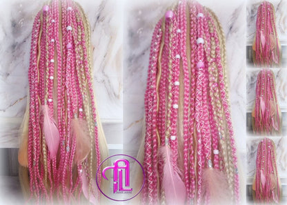 Ponytail Hair Fall Extensions Blonde Pink Ombre Elements Accents Feathers synthetic box braids hair scrunchie clip in Clip on Braids
