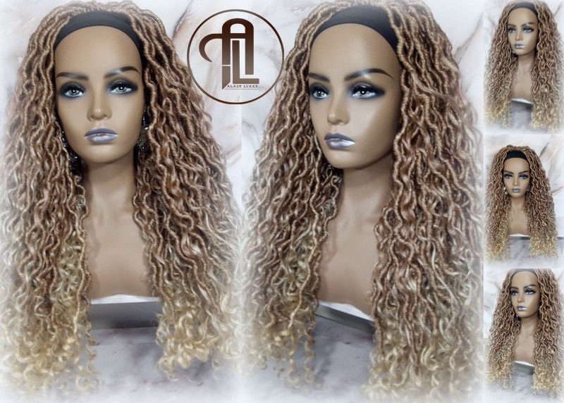 Headband Wig Blonde Mix 27 613 Boho Honey Blonde Goddess Faux Locs Gypsy Bohemian Boho Wig Blonde Marley Curly Waterfall Hair Braided Wig