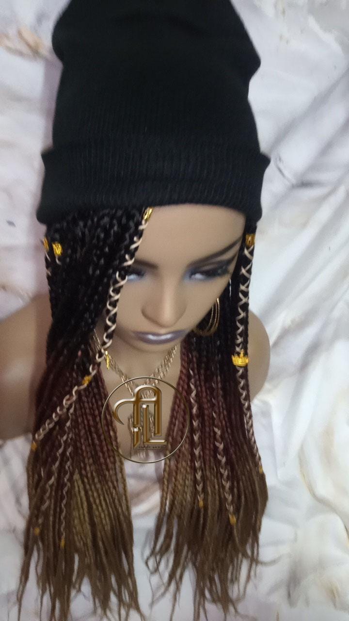 Beanie Hat Black Brown Blonde Ombre Box Braid Boho Style Long Hat Beanie Braided Hat Winter fall fashion Cap Wig Hat Chemo Hat Alopecia