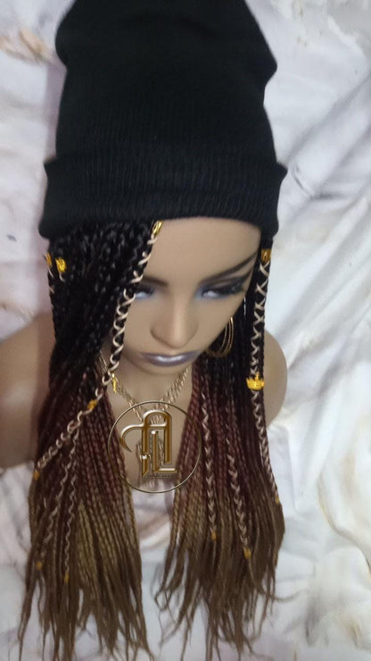 Beanie Hat Black Brown Blonde Ombre Box Braid Boho Style Long Hat Beanie Braided Hat Winter fall fashion Cap Wig Hat Chemo Hat Alopecia