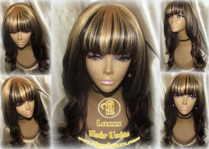 China Chinese Bang Virgin Hair Unit Wig Brown Honey Blonde Ombre Straight Hair Highlights Balayage Brown 27  dark roots Alopecia Wig Stylist