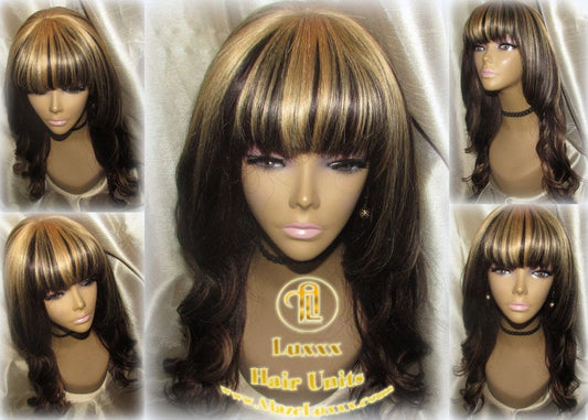 China Chinese Bang Virgin Hair Unit Wig Brown Honey Blonde Ombre Straight Hair Highlights Balayage Brown 27  dark roots Alopecia Wig Stylist