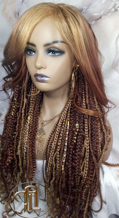 Human Hair Lace Frontal Dread Braid Twist Boho Synthetic Side Part Bohemian Ombre Brown Blonde Long Wavy Curly Balayage Wig