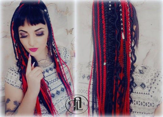 Red Rave Ponytail Hair Fall Viking Extensions Black Red Elements Accents Feathers synthetic box braids hair scrunchie Cosplay Anime