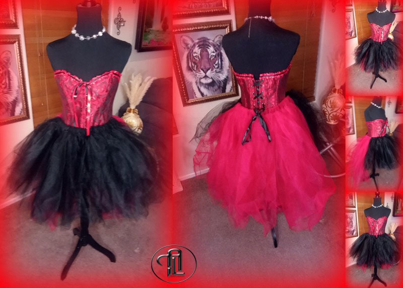 Red Black Dress Tulle Mesh Skirt Corset Outfit Hi Low Layered Skirt Prom Anniversary Sweet16 Sexy Bodycon Costume Adult Birthday Party Dress