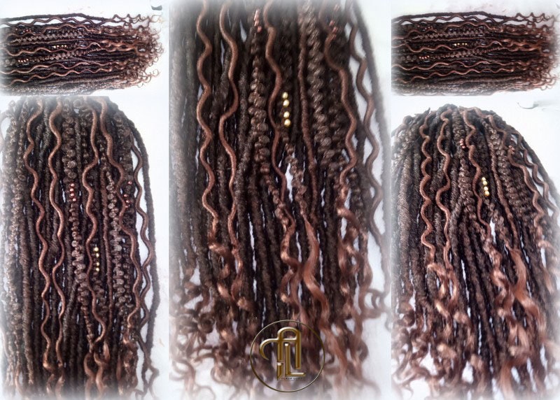 Curly Wavy Single Ended SE 75 Piece Set Kit Ginger Brown Mixed Soft Crochet Bohemian Dread Braid Hair Hippy Extensions Textured  Realistic