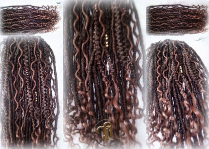 Curly Wavy Single Ended SE 75 Piece Set Kit Ginger Brown Mixed Soft Crochet Bohemian Dread Braid Hair Hippy Extensions Textured  Realistic