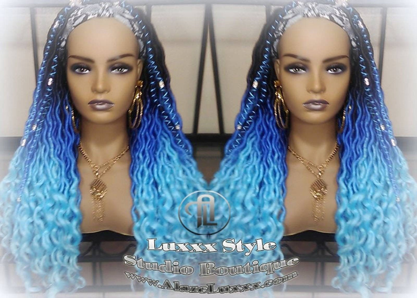 Headband Wig Blue Ombre Gradient Goddess Faux Locs Dreadlock Wig Mermaid curly long winter summer braids wig Blue Rainbow Wig Drag Queen Wig