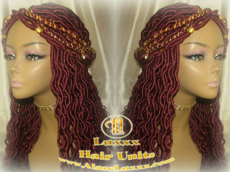 Costume Carnival Festival Hair Wig Rich Red Gold Goddess Faux Loc Braided Wig Gypsy Bohemian Boho Dread DE SE Dred Lock Crochet Braided Wig