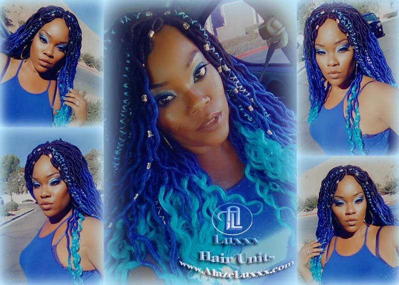 Goddess Faux Locs Blue Ombre curly long wig synthetic dreads crochet braids Mermaid Hair Blue Braid Wig Hair