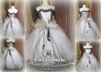 Silver White TuTu Tulle Corset Skirt Wedding Prom Party Dress Quinceanera Sweet16 Bridesmaid Burlesque Homecoming Cosplay EDC RAVE Festival
