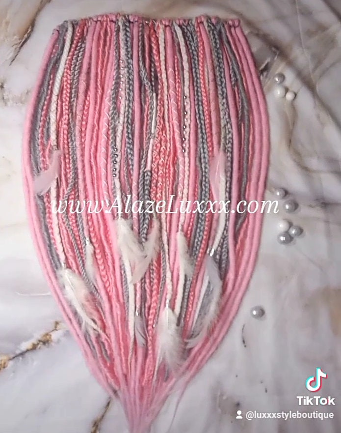 Pink Gray White Straight Single Ended SE Set Kit Soft Crochet Boho Dread Braid Hair Wrap Extensions Festival Hair Partial Single Loop Dread