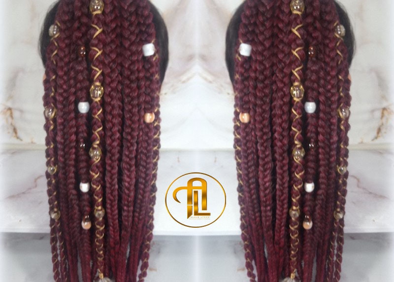 Viking Ponytail Hair Fall Extensions Ombre Black Red Burgundy Gold Elements Accents Feathers Jungle box braids hair scrunchie Butterfly