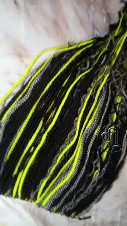 Neon Green Black Grey Silver Single End SE Braid Plaits Twist Set 100 Piece Set Kit Crochet Boho Alien Dread  Extensions Single Loop Dread