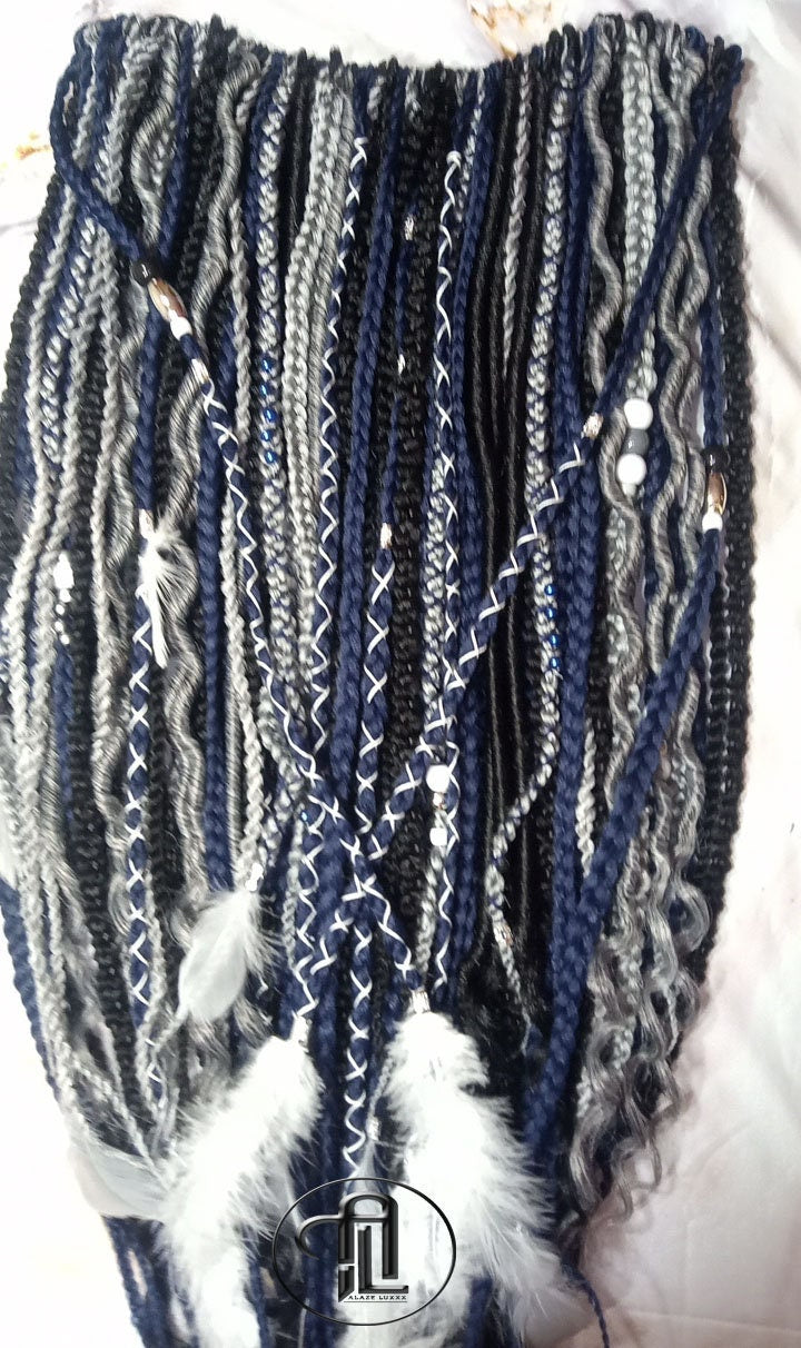 Blue Black Silver Boho Single Ended SE 100 Piece Braids Plaits Twist Soft Crochet Boho Dread Braid Hair Wraps Extensions SE Dread Cuffs Ring