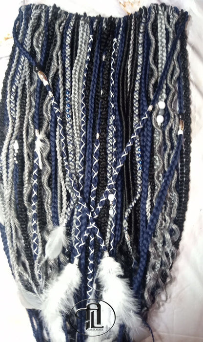 Blue Black Silver Boho Single Ended SE 100 Piece Braids Plaits Twist Soft Crochet Boho Dread Braid Hair Wraps Extensions SE Dread Cuffs Ring