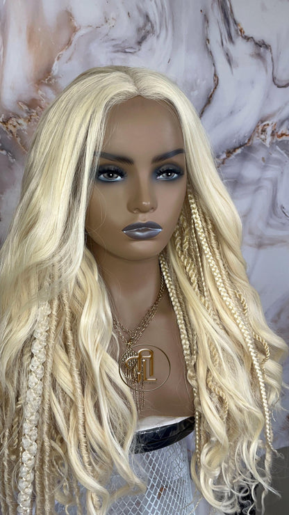 Lace Front Dread Braid Full 613 Blonde Wig Twist Soft Crochet Boho Synthetic Dread Braid Boho Long Wavy Curly Wig Goddess Braids & Waves 24'