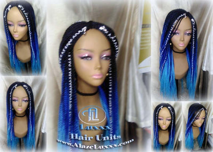 Senegalese Twist Blue Ombre  Braid Wig Unicorn Mermaid Small Long Micro Braids Royal Baby Sky Blue  Wig Sale Alopecia Blue Braids