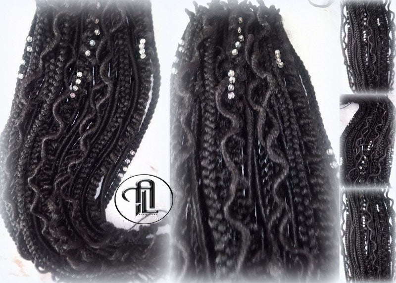 Black Single Ended SE 75 Piece Set Kit Goth Mixed Soft Witch Boho Dread Braid Hair Wraps Extensions Textured Natural Realistic