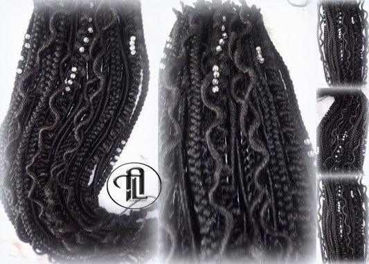 Black Single Ended SE 75 Piece Set Kit Goth Mixed Soft Witch Boho Dread Braid Hair Wraps Extensions Textured Natural Realistic