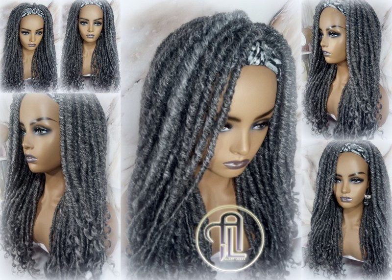 Headband Wig Fluffy Goddess Faux Dread Locs Salt N Pepper 44 51 Gypsy Boho Silver Grey Gray Platinum Storm Wig Unit Wavy Ready to Ship