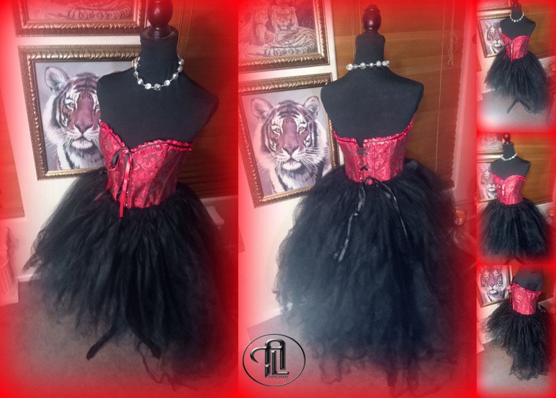 Red Dress Tulle Mesh Skirt Corset Outfit Red Black Hi Low Layered Skirt Prom Anniversary Sweet 16  Sexy Bodycon Costume Adult Birthday