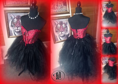 Red Dress Tulle Mesh Skirt Corset Outfit Red Black Hi Low Layered Skirt Prom Anniversary Sweet 16  Sexy Bodycon Costume Adult Birthday