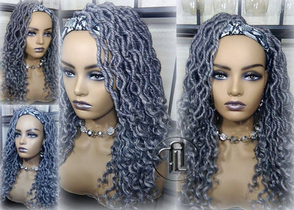 Headband Wig Short 14in Goddess Faux Dread Locs Salt N Pepper 44 51 Gypsy Boho Silver Grey Gray Platinum Storm Wig Unit Wavy READY TO SHIP