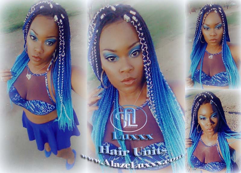 Ombre Blue Mermaid Hair Box Braids Wig Multi Color  Blue  Ombre Box braids wigs 3 tones box braids wig, wig, long length wigs, Braided wigs