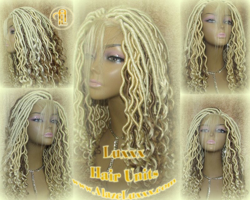Platinum Blonde Gypsy Bohemian Boho Goddess Faux Dread Locs Wig Unit! Blonde #613 #27 Wavy Marley Dred Lace Closure Lace 4x4 Wig Baby Hair