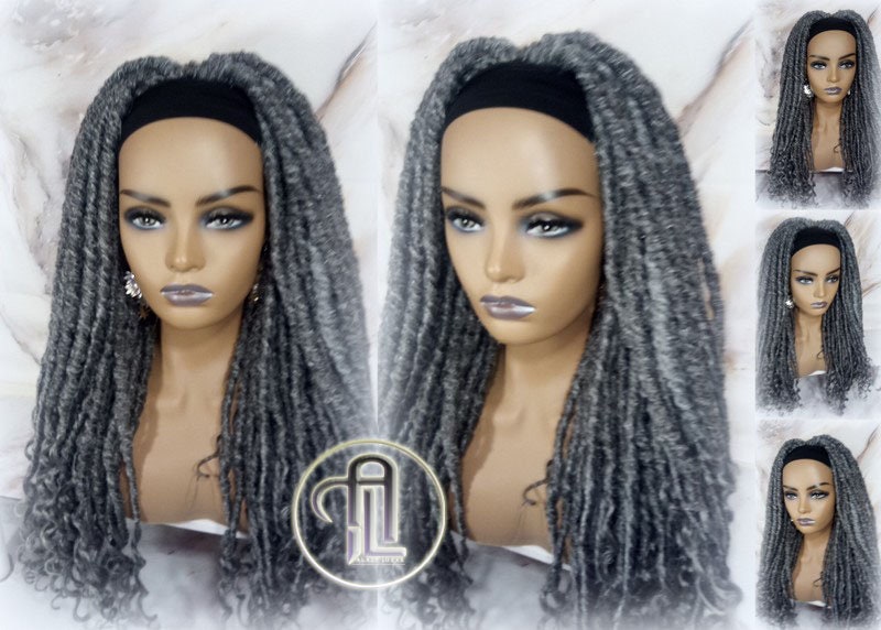 Headband Wig Fluffy Goddess Faux Dread Locs Salt N Pepper 44 51 Gypsy Boho Silver Grey Gray Platinum Storm Wig Unit Wavy Ready to Ship