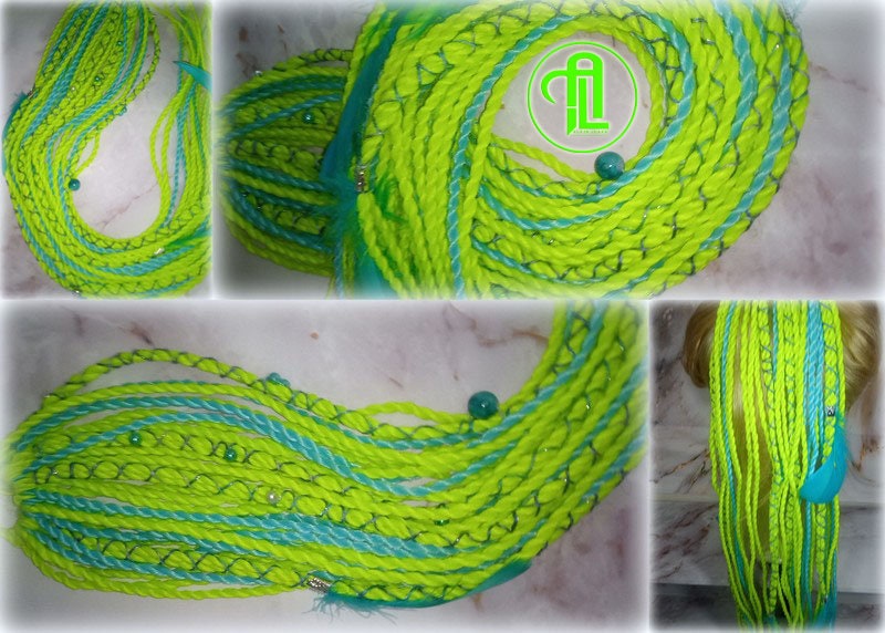 Ponytail Hair Fall Extensions Neon Green Slime Blue Elements Accents Feathers synthetic senegalese twist braids hair scrunchie clip in