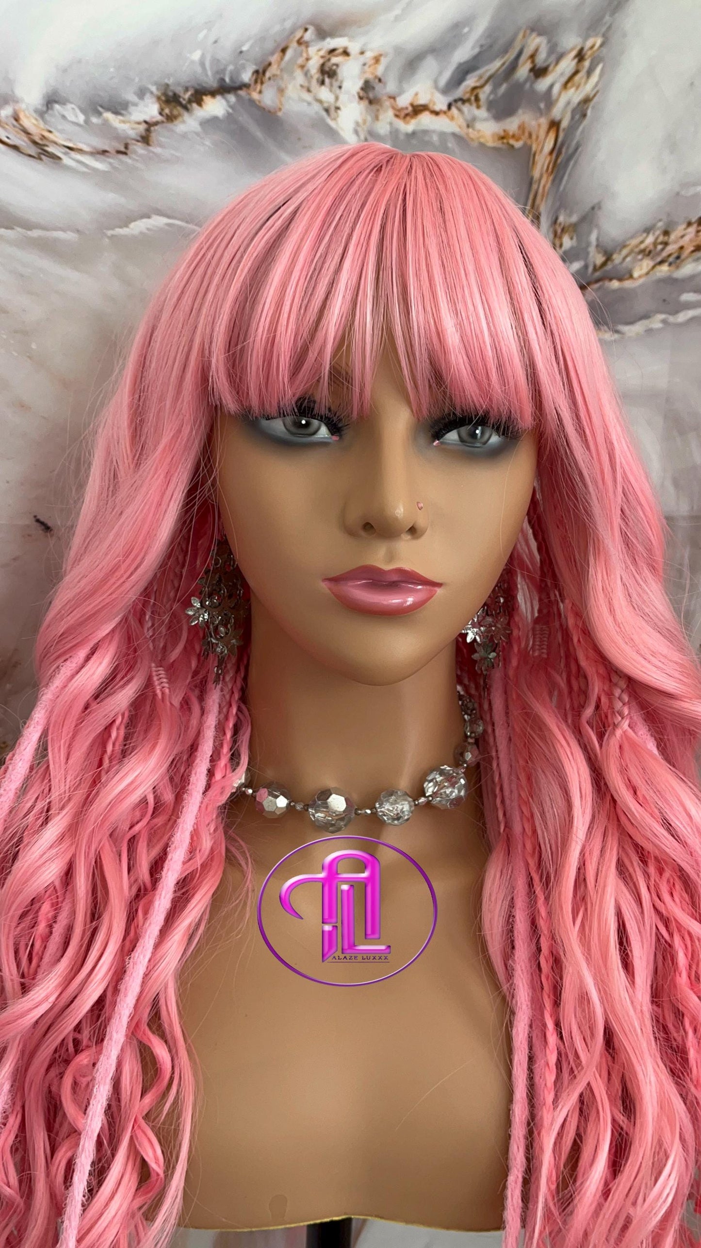 Pink Dread Braid Wig With Bangs – Long Synthetic Boho Glam Wig Chain Snake Goddess Loc Braid Wavy Curly