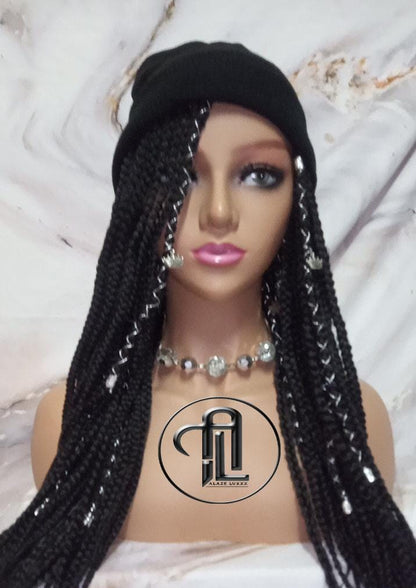 Beanie Hat Black Box Braid Boho Style Long Hat Beanie Braided Hat Winter fall fashion Cap Wig Hat Chemo Hat Alopecia Silver Accents Charms