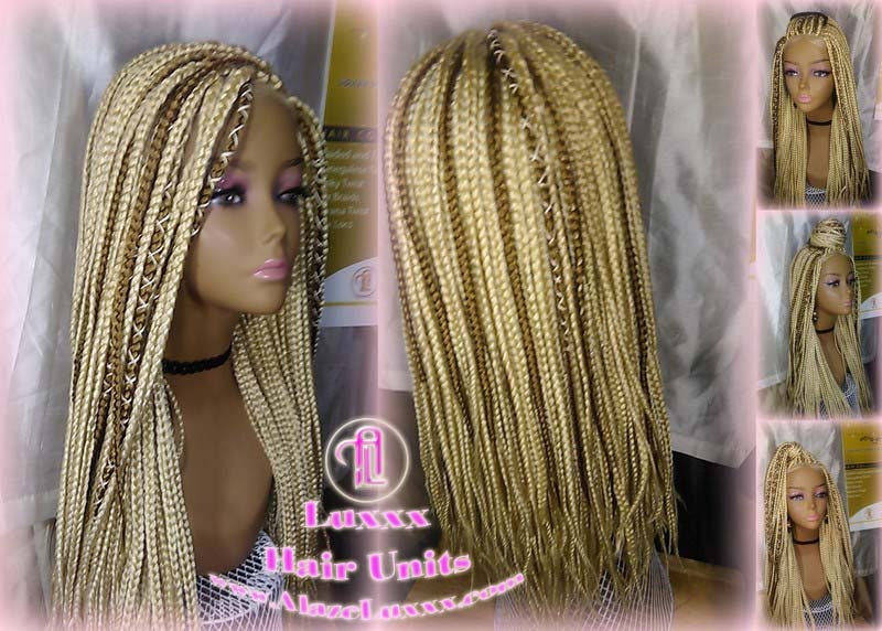 Blonde 613 27 Honey Blonde Platinum Lace Baby Hair Box Braid Wig Unit Small Medium Straight Glueless! Braid Lace Wig Xpressions Hair