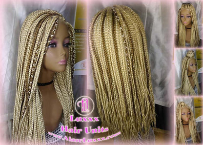 Blonde 613 27 Honey Blonde Platinum Lace Baby Hair Box Braid Wig Unit Small Medium Straight Glueless! Braid Lace Wig Xpressions Hair