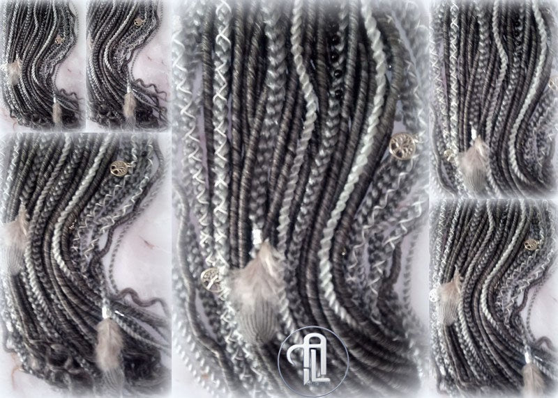 Viking Hair Silver Black Grey Single Ended SE 75 Piece Set Kit Mixed Soft Crochet Boho Dread Braid Hair Wraps Extensions Textured Natural