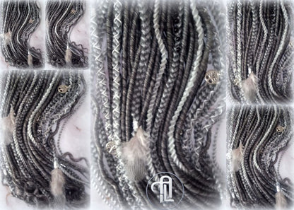 Viking Hair Silver Black Grey Single Ended SE 75 Piece Set Kit Mixed Soft Crochet Boho Dread Braid Hair Wraps Extensions Textured Natural