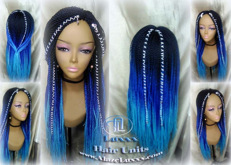 Senegalese Twist Blue Ombre  Braid Wig Unicorn Mermaid Small Long Micro Braids Royal Baby Sky Blue  Wig Sale Alopecia Blue Braids