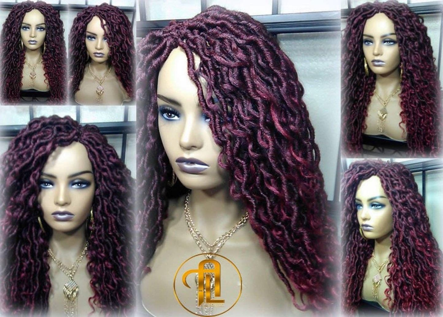 Red 530 Black Mix Goddess Faux Loc Curly Boho Braided Wig Gypsy Bohemian Boho Dread DE SE Dred Lock Hair wig Ready to ship